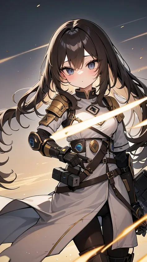 Big black eyes, aura, long wavy hair of light brown color,, Black and blue sci-fi armor, SF wind, high quality, atmosphere, war