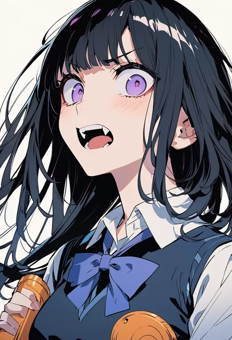 Anime girl with long black hair and purple eyes and subtle fangs. In a all blue school girl uniform. Looks 18 [ART STYLE: CHAINSAW MAN MANGA]