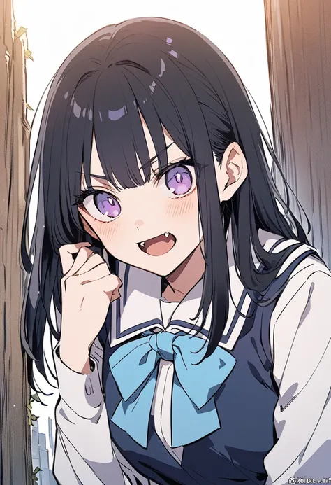 Anime girl with long black hair and purple eyes and subtle fangs. In a all blue school girl uniform. Looks 18 [ART STYLE: CHAINSAW MAN MANGA]