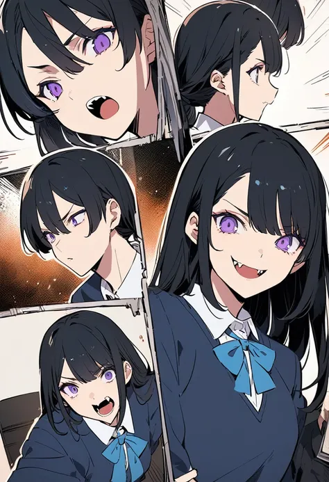 Anime girl with long black hair and purple eyes and subtle fangs. In a all blue school girl uniform. Looks 18 [ART STYLE: CHAINSAW MAN MANGA]