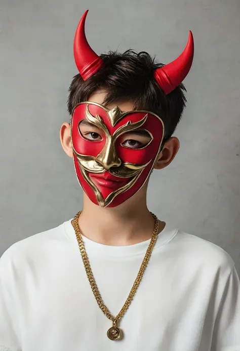 teenage boy with red demon mask with golden touches with a camera