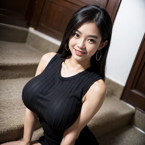 (extreme wide shot),(department store stairs),(carl outward hair),(sleeveless u-neck knit),(thai woman),(huge breasts:1.4),(slim...