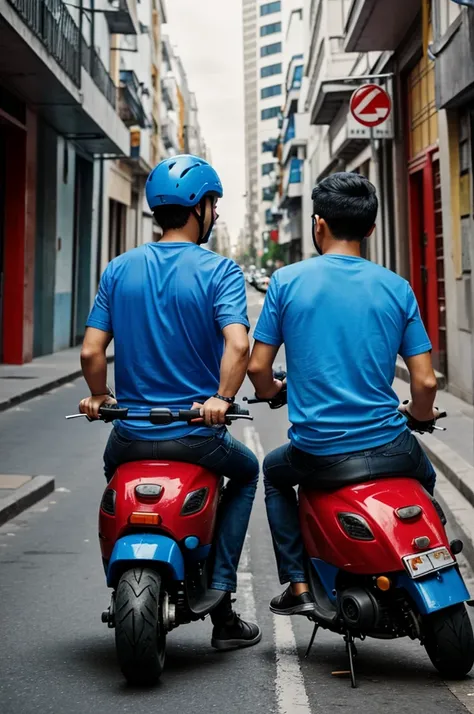 Two men are riding on a same scooter on street wearing blue t shirt and color of scooter is red,backside view