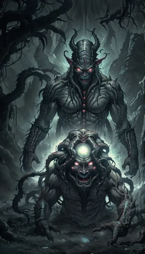 A black monster emitting uncertain white light is moving forward，Black mist continues to emit，Giant monster，Horrible God，Dark creatures，Cthulhu God，Lovecraftian gods。A huge cave in the background，Lovecraft atmosphere，Lovecraftian inspiration，lovecraftian b...