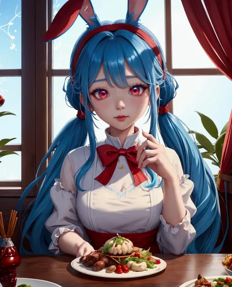 ((최고의 품질)), ((걸작)), (상세한), 여자 1명,Create an anime-style digital artwork of a character with long, blue hair tied into twin tails with bangs, and bright red eyes. The character has rabbit white ears and is wearing a stylish party dress. The setting is a gran...