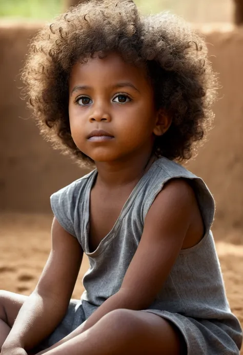 High definition, best qualityer, photo ultra realistic, extremely detailed, a beautiful , africana, face focus, cleaned up, (I see a black African , with full body view, around 5 years old, (short, frizzy hair like a normal black child), sitting on a dirt ...