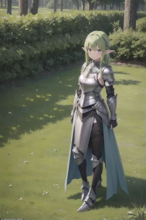 1girl, elf, pointy ears, standing, forest, blush, purple eyes, green hair, full shot, full body, (plated armor:1.3), (sword:1.1), leather gloves, skirt, looking at viewer, perfect hands, (grass:0.5)