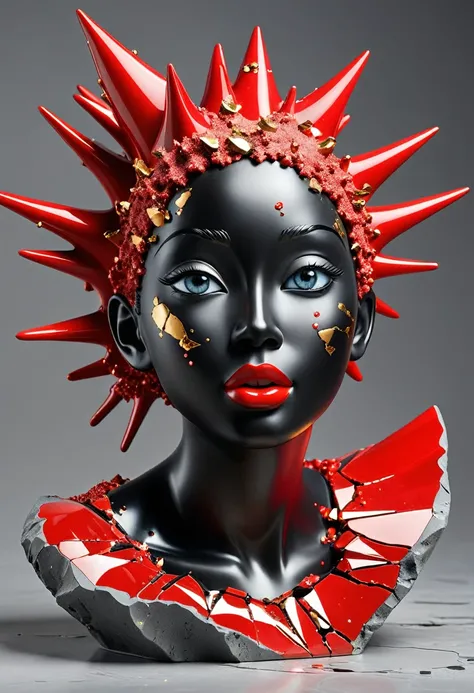 ((exhibit，Still Life Table，Artistic statues，3D Sculpture，ceramics，Surface cracks，Shattered Texture)), Perfect eyes, (happy), (hapiness)，Show the beauty of nature.Black and red theme，Red coral，Artistic Creativity：1.37.From Kane，Gold Dust， This artwork is pr...