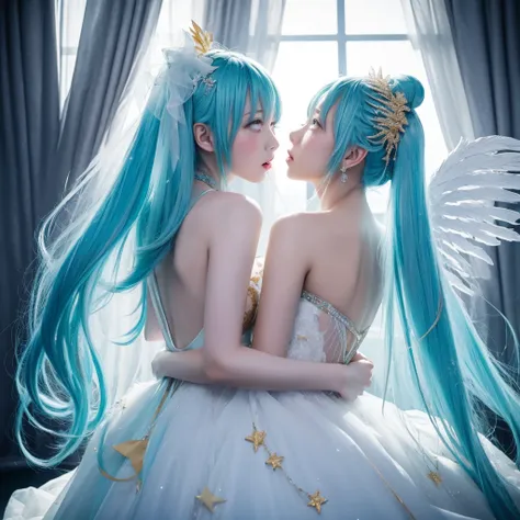 masterpiece, best quality, hatsune miku, white gown, angel, angel wings, golden halo, dark background, upper body, (closed mouth...