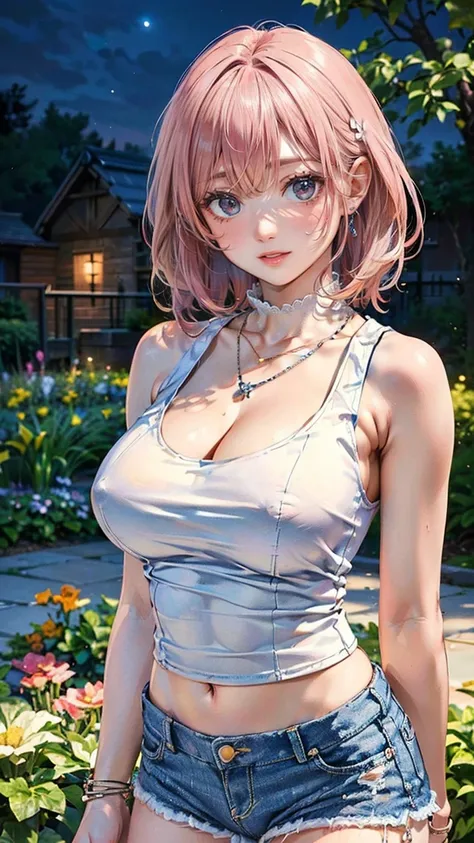 ((Highest quality, 8k, masterpiece :1.3)), (Sharp focus :1.2, Beautiful woman with perfect figure :1.4, Slim Abs :1.2), ((Big Breasts, Emphasize cleavage, The underboob is visible:1.3)), (Photorealistic:1.4), (realistic:1.4), (Pink Hair:1.5), Highly detail...