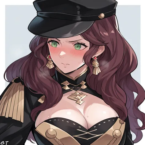 score_9, score_8_up, score_7_up, source_anime, Dorothea (Fire Emblem), bust shot, mldortgm, black headwear, (black uniform), brown hair, dangle earrings, gold trim, green eyes, jewelry, large breasts, cleavage, long hair, black peaked cap, black hat, blush...