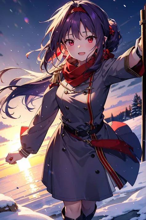 yuukikonno, Konno Yuuki, Long Hair, Pointed Ears, Purple Hair, (Red eyes:1.5), (Small breasts:1.2), Open your mouth,happy smile, smile, Open your mouth,hair band,low ponytail,Red Scarf,Purple long coat,V-neck sweater,Long skirt,short boots,snowが降っている,snowが...