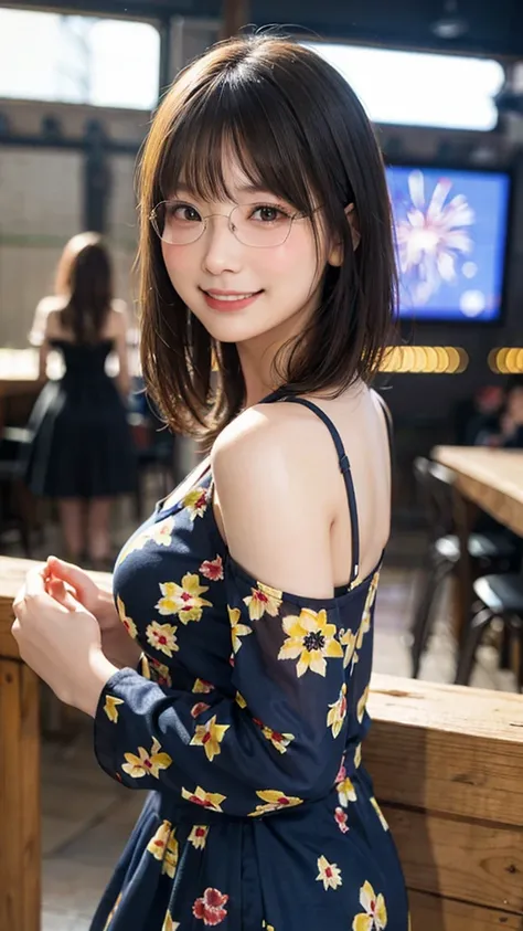 Summer Fireworks Festival、Off-the-shoulder knit、girl、Looking at the audience, posing with a smile (Highest quality, masterpiece))), High resolution, Very detailed, masterpiece, Cinema Lighting,8k, Highest quality, masterpiece: 1.2), (Realistic, photoRealis...