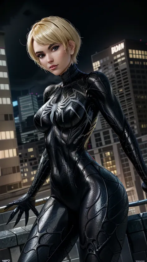 28 year old girl, spider-man venom black suit, short blunt hair, blond, pretty face, rain, roof, first work, cracked details, pe...