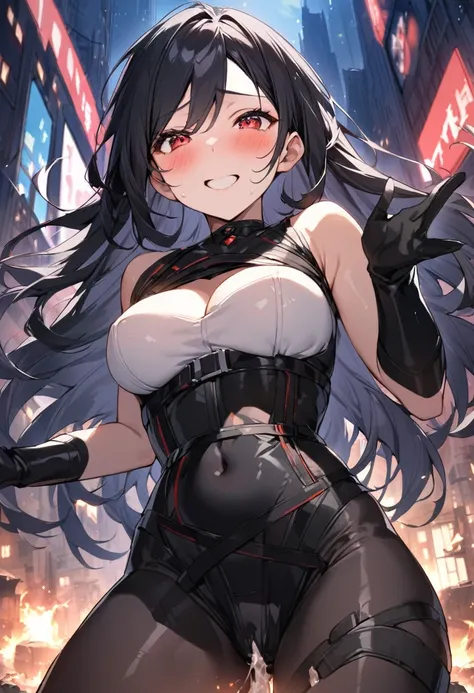 (((Black bodysuit, Fits perfectly to the skin, Underbust, Black gloves))),、NSFW、red_eye、Black Hair、Long Hair、Fluttering Hair， Adult Beauty、Glowing Skin、Shiny big、 ((Highest quality))、（20 years,Cool and beautiful features for adults）red blush、Destroyed city...