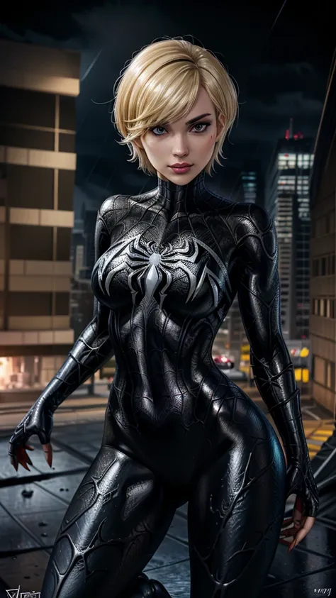 28 year old girl, spider-man venom black suit, short blunt hair, blond, pretty face, rain, roof, first work, cracked details, pe...