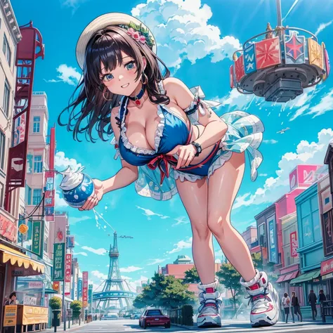 masterpiece　　unreal engine　anime style　delicate painting　4k　90's　giant　crowd　 　amusement park　　((amusement parkに立っている巨大な黒髪の水着の女の...