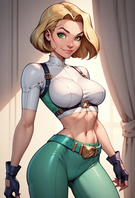 score_9, score_8_up, score_7_up,score_6_up, score_5_up, score_4_up, detailed soft lighting, 1girl, solo, large breasts, AchaseDG, hort hair, blonde hair, green eyes, plain white shirt, black gloves, crop top, green and black pants, belt, fingerless gloves,...