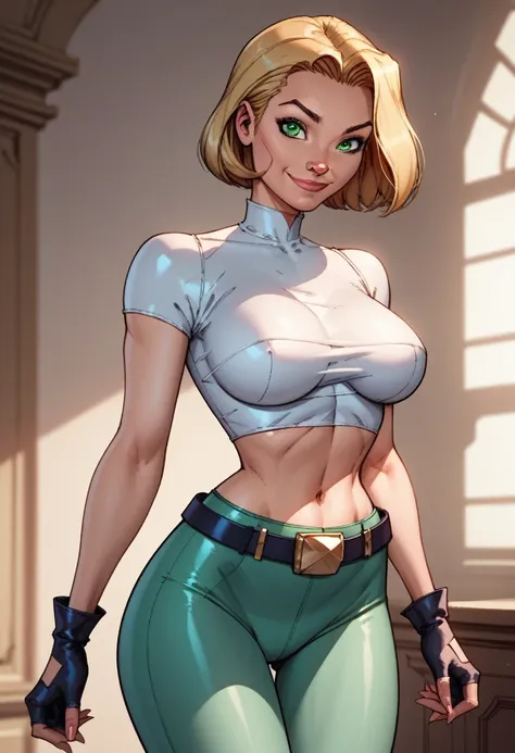 score_9, score_8_up, score_7_up,score_6_up, score_5_up, score_4_up, detailed soft lighting, 1girl, solo, large breasts, AchaseDG, hort hair, blonde hair, green eyes, plain white shirt, black gloves, crop top, green and black pants, belt, fingerless gloves,...