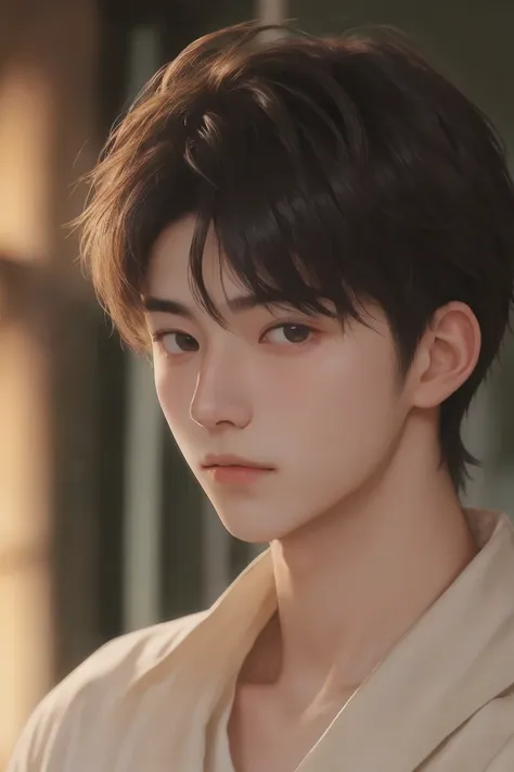 a handsome guy, Gorgeous lighting, Subtle pastel tones，Looking into the camera，Deep Emotions、Highest quality、Black Hair、Short center part、Handsome、Japanese