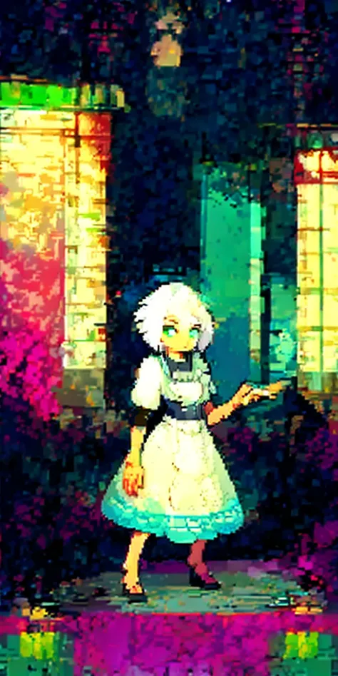 (masterpiece, top quality, best quality) pixel art, 1girl full body toe to head, white hair, green eyes, blue maid dress