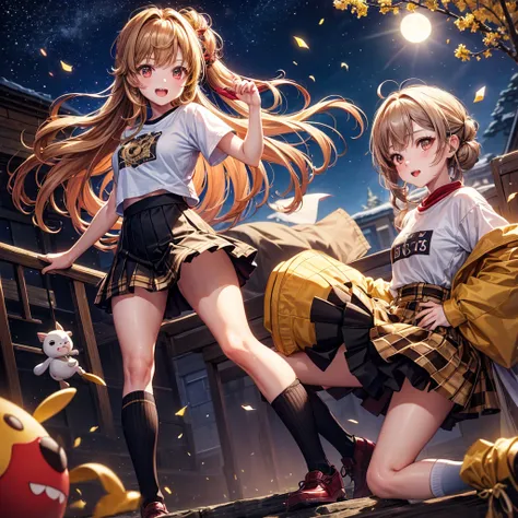 Brown and gold hair、Red gold eyes、Hair tied up、One good looking girl、solo、anime、Checkered mini skirt、T-Shirts、Black knee-high socks、Teeth are visible、Starry Sky、Midnight Moon、Confetti、A large cherry tree growing on the top of a rocky mountain、Home々、Light i...