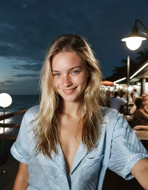 portrait of a young beautiful women with long blonde hair, laughing, perfect body, black and white, In a beach bar in the evening, in the background are people, Kodak Ultra F9, 35mm, shot with Holga 120N, Light leaks, instagram selfie , a 23 year old gorge...