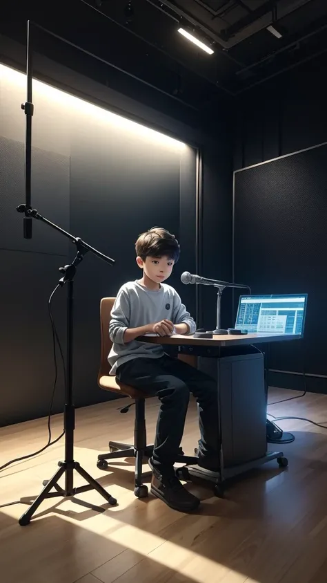 A young boy is sitting comfortably in a modern studio, facing slightly to the left. He is casually dressed in a smart-casualThe studio is well-lit with soft, ambient lighting, and soundproof panels on the walls. A professional microphone on a stand is posi...