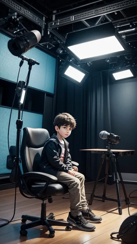 A young boy is sitting comfortably in a modern studio, facing slightly to the left. He is casually dressed in a smart-casualThe studio is well-lit with soft, ambient lighting, and soundproof panels on the walls. A professional microphone on a stand is posi...