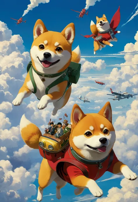 ghibli　fly in the sky　shiba inu