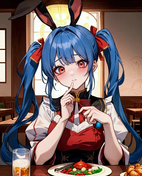 ((최고의 품질)), ((걸작)), (상세한), 여자 1명,Create an anime-style digital artwork of a character with long, blue hair tied into twin tails with bangs, and bright red eyes. The character has rabbit white ears and is wearing a stylish party dress. The setting is a gran...