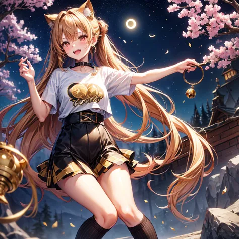 Brown and gold hair、Red gold eyes、Hair tied up、One good looking girl、solo、anime、Checkered mini skirt、T-Shirts、Black knee-high socks、Teeth are visible、Starry Sky、Midnight Moon、Confetti、A large cherry tree growing on the top of a rocky mountain、Home々、Light i...