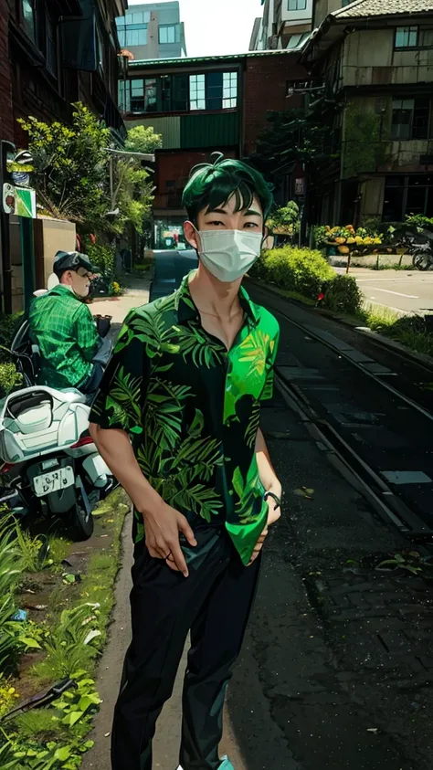 a man in a green shirt and black pants standing on a sidewalk, green and black, black and green, green and black colors, green shirt, wearing green, wearing green clothing, with teal clothes, casual green clothing, in a dark green polo shirt, in a dark tea...