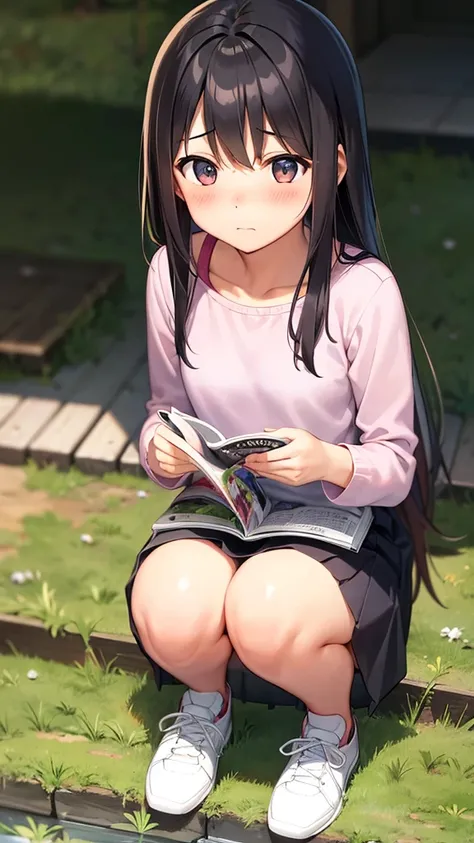 Girl、squat、Blushing、Grassland、Read magazines、