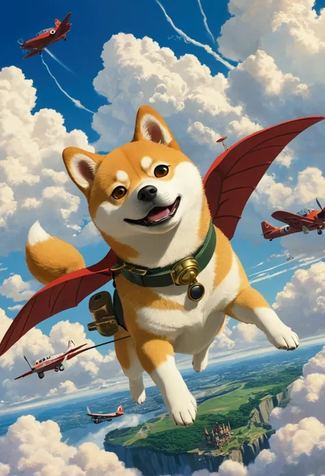 ghibli　fly in the sky　shiba inu