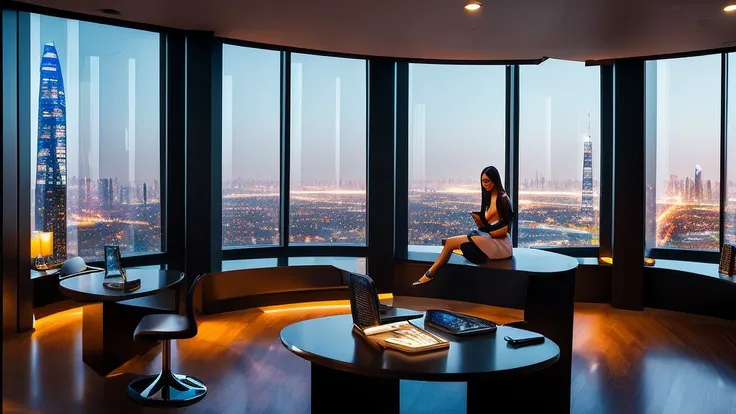 hot girl trader sits in front of the monitors, outside the window is a night city with skyscrapers, panoramic windows