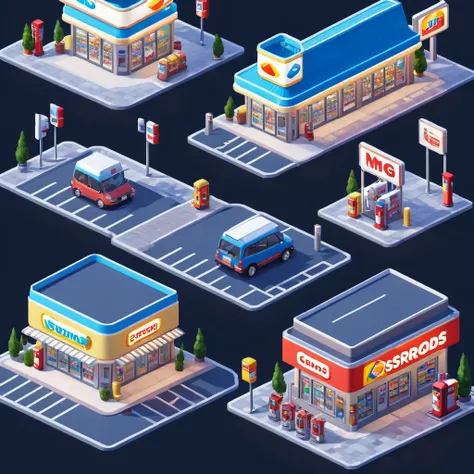 Convenience store，Street Lights，Outdoor dining tables and chairs，crossroads，Gas station，car，Isometric Art, 3D Isometric, Isometric pixel art，Simple background，MG_ip