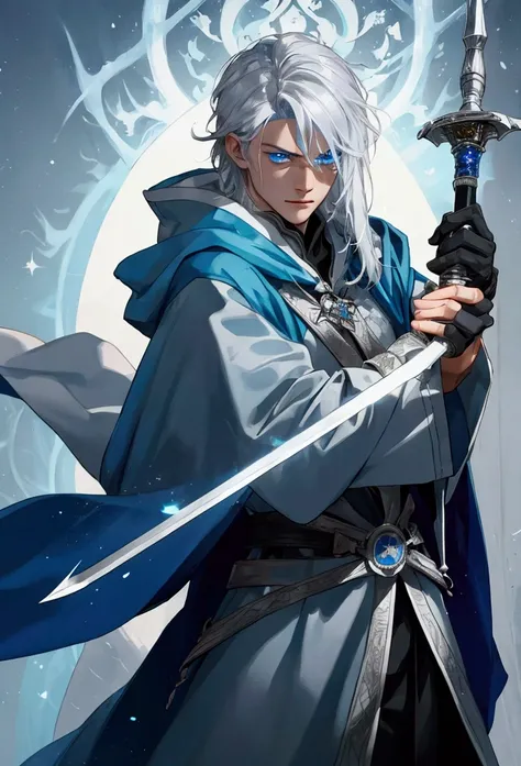 Wizard a young man, he has a silver hair and blue eyes, he wear a hood and wear gloves , hold sword with hand.
