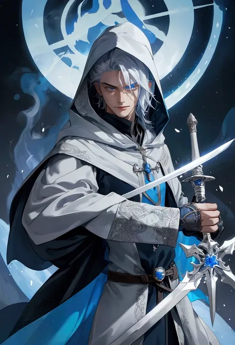 Wizard a young man, he has a silver hair and blue eyes, he wear a hood and wear gloves , hold sword with hand.
