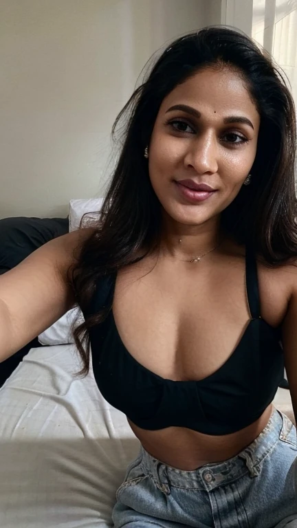 lavanya , closeup face,sexy string sleeveless top, in bedroom, selfie, ultrarealsitic, body closeup,  close up body shot, masterpiece, beautiful, hot, trimmed eyebrow, extremely hot and beautiful