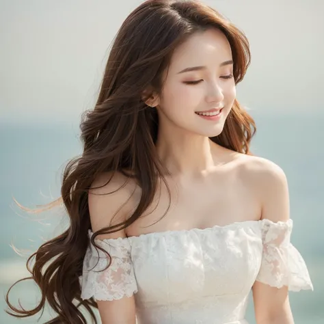 (Highest quality, masterpiece), 1 adult female,Off-the-shoulder white dress,Upper Body, A simple background with musical notes scattered throughout, View your audience,Semi-long hair with a center part that exposes the forehead ,Calm brown hair,Loosening p...