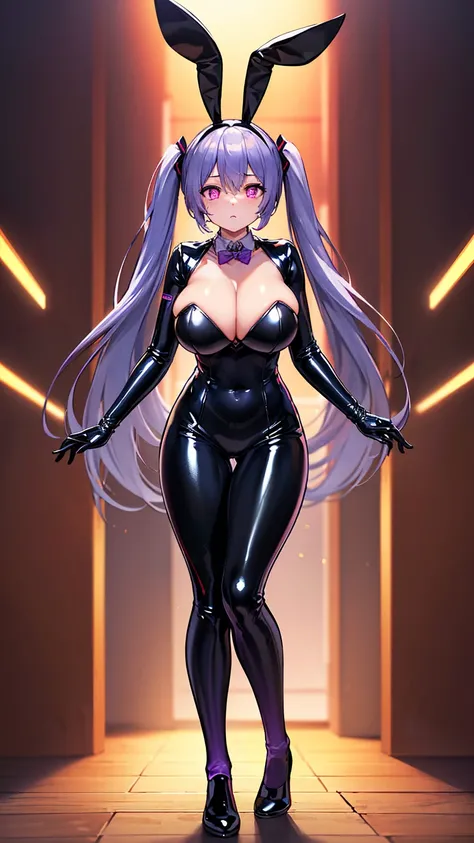 最high quality、Best image quality、masterpiece、Hatsune Miku Vocaloid、Big breasted android girl((18-year-old、red, Glowing black and blue cyber suit、brainwashing,Combatant, Hollow Eyes,((Purple glowing eyes 1.5)), Huge breasts , Expressionless, Emotions are re...