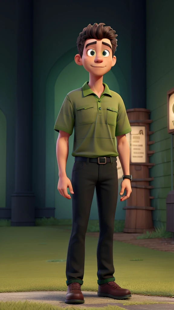 a man in a green shirt and black pants standing on a sidewalk, green and black, black and green, green and black colors, green shirt, wearing green, wearing green clothing, with teal clothes, casual green clothing, in a dark green polo shirt, in a dark tea...