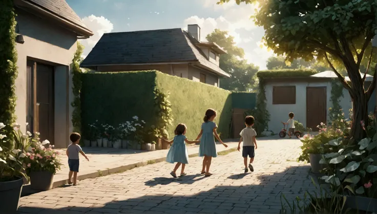 Children playing in the street in front of their mother next to a garden