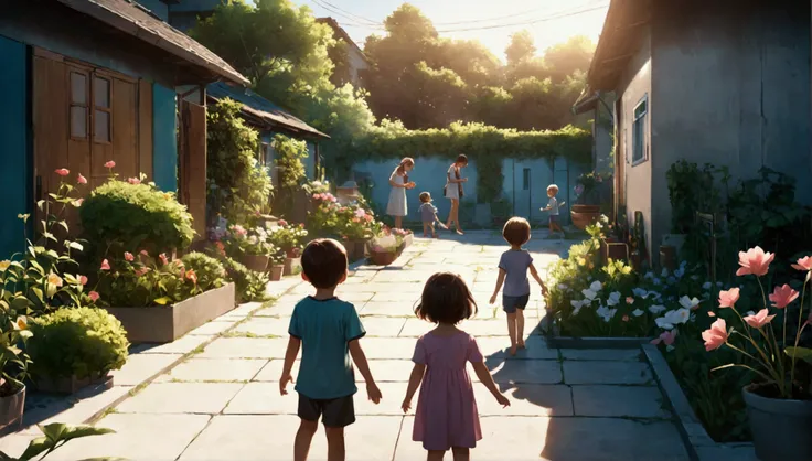 Children playing in the street in front of their mother next to a garden