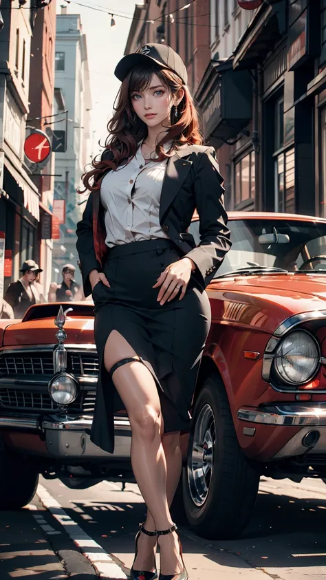 masterpiece, Pale skin, Red lips, Bright Eyes, eye shadow, Photographed from the front、A beautiful red-haired woman with medium curly hair、Standing on the street with a Thompson M1928A1 drum。, Behind her is a still green 1928 Cadillac Town Sedan., She is w...