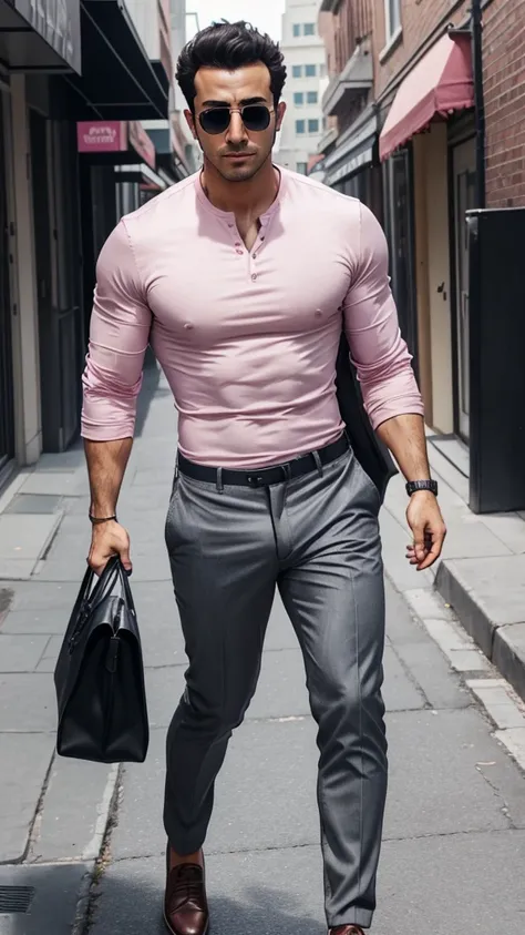 arafed man in pink shirt and grey pants walking down a street, grey pants and black dress shoes, wearing pants and a t-shirt, wearing tight simple clothes, smart casual, mens fashion, office clothes, wearing elegant casual clothes, wearing casual clothes, ...