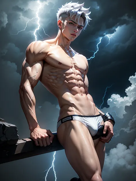 Bishonen anime slim cut body, hot man, 21 years old, luminous grey iris with weather manipulation powers, shirtless, tight fitted white mesh briefs,  white socks and silver toe ring, flying 50 feet above the ground in a stormy sky, with lightning bolts in ...