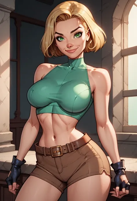 score_9, score_8_up, score_7_up,score_6_up, score_5_up, score_4_up, detailed soft lighting, 1girl, solo, large breasts, AchaseDG, hort hair, blonde hair, green eyes, plain white shirt, black gloves, crop top, (brown shorts:1.4), belt, fingerless gloves, (t...