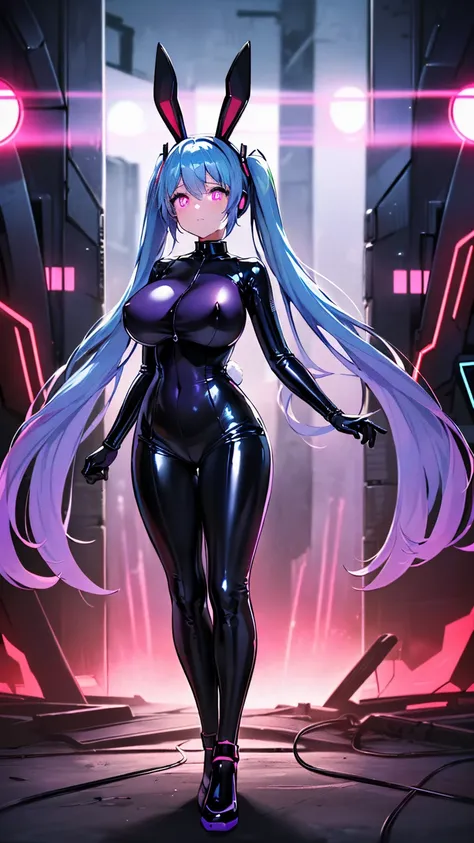 最high quality、Best image quality、masterpiece、Hatsune Miku Vocaloid、Big breasted android girl((18-year-old、red, Glowing black and blue cyber suit、brainwashing,Combatant, Hollow Eyes,((Purple glowing eyes 1.5)), Huge breasts , Expressionless, Emotions are re...